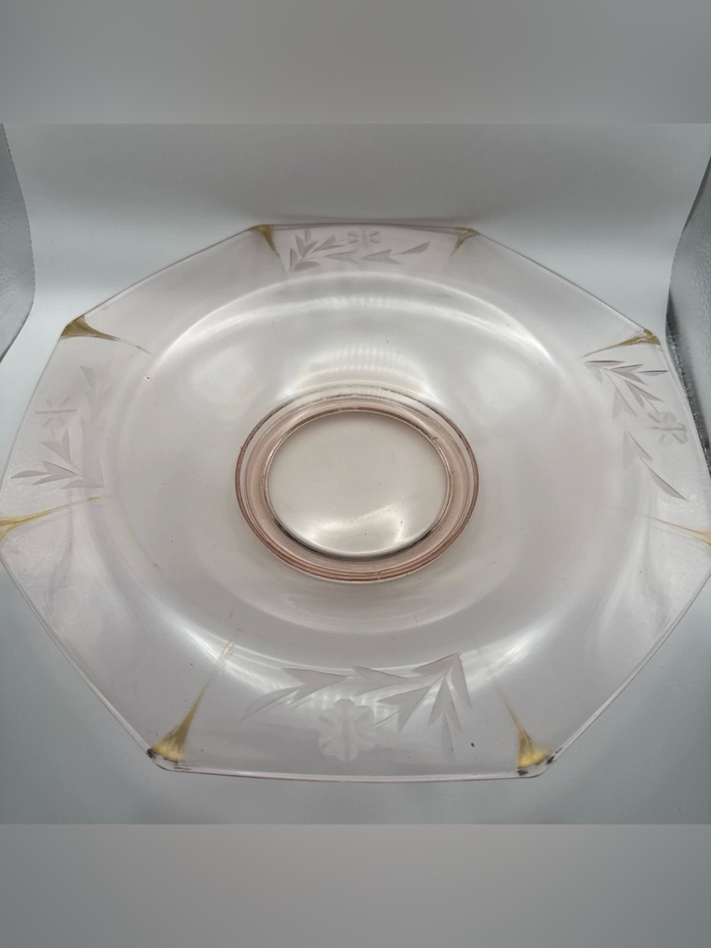 Vintage Etched Pink Depression Glass Serving Bowl with Gold Accents